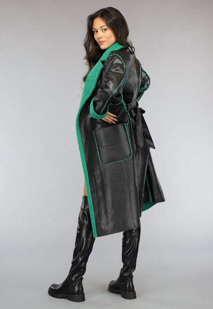 SALE50 Lange Lederlook Jas met Groene Teddy Voering