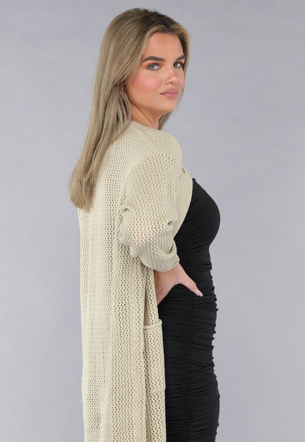 SALE50 Lange Oversized Beige Cardigan met Gouden Knopen