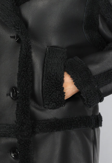 SALE50 Lange Zwarte Lederlook Teddy Trenchcoat