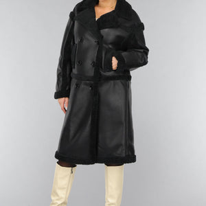 SALE50 Lange Zwarte Lederlook Teddy Trenchcoat