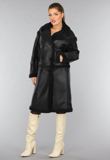 SALE50 Lange Zwarte Lederlook Teddy Trenchcoat