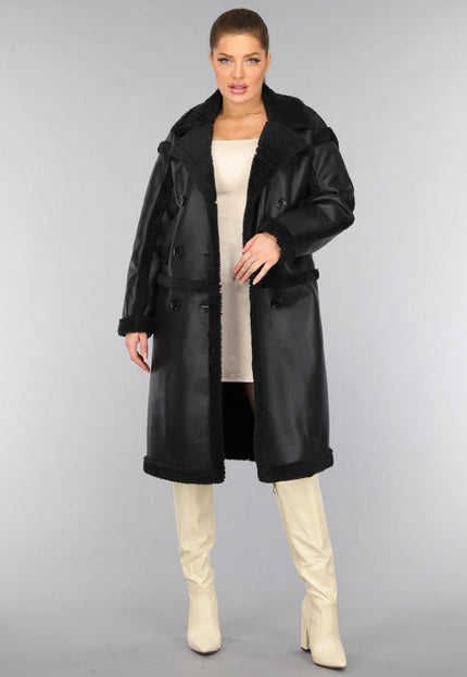 SALE50 Lange Zwarte Lederlook Teddy Trenchcoat