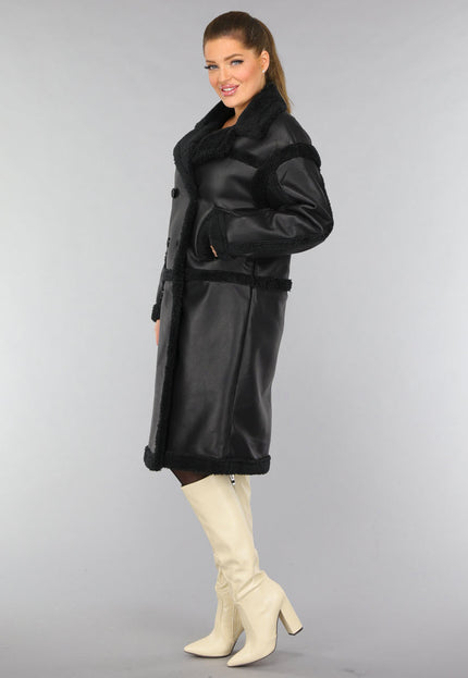SALE50 Lange Zwarte Lederlook Teddy Trenchcoat