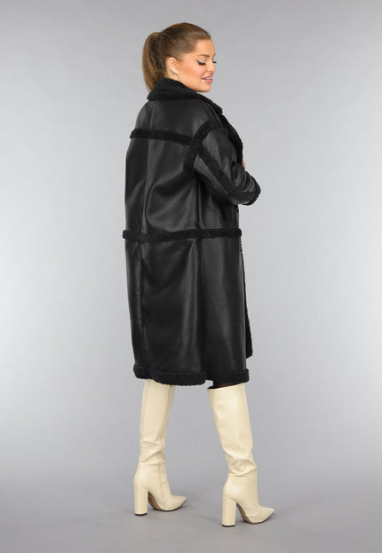 SALE50 Lange Zwarte Lederlook Teddy Trenchcoat