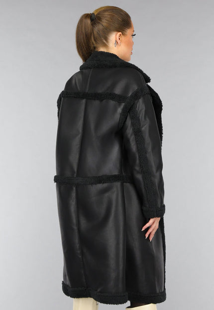 SALE50 Lange Zwarte Lederlook Teddy Trenchcoat