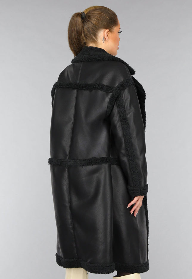 SALE50 Lange Zwarte Lederlook Teddy Trenchcoat