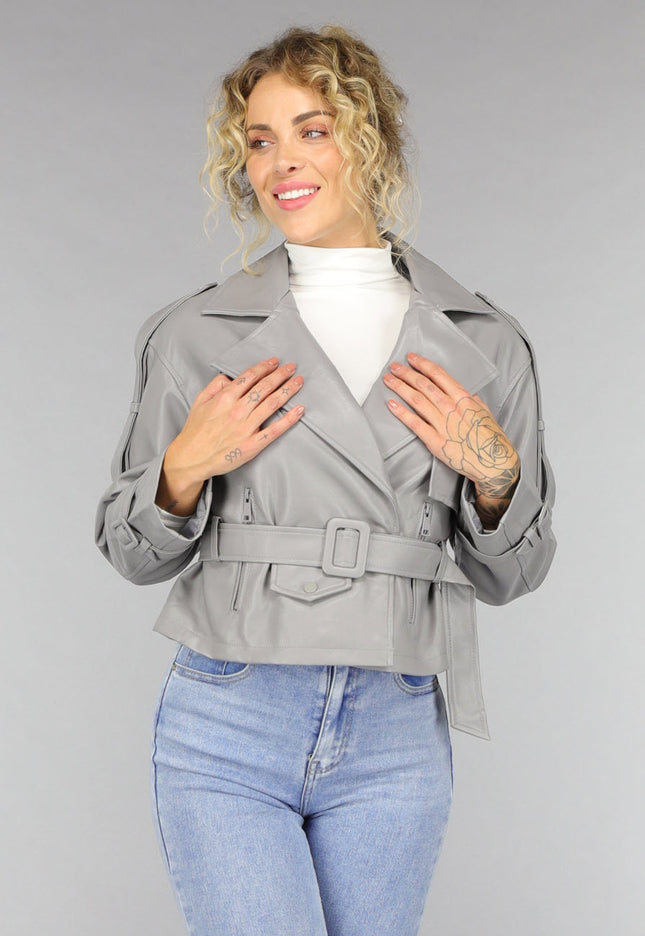 SALE50 Lederlook Biker Jasje in Grijs