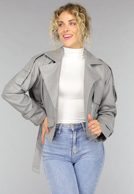 SALE50 Lederlook Biker Jasje in Grijs