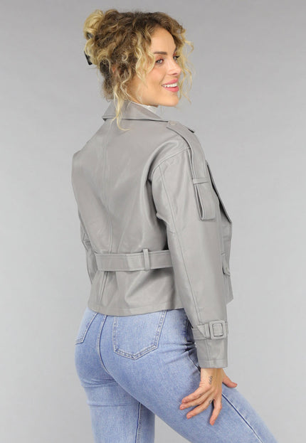 SALE50 Lederlook Biker Jasje in Grijs