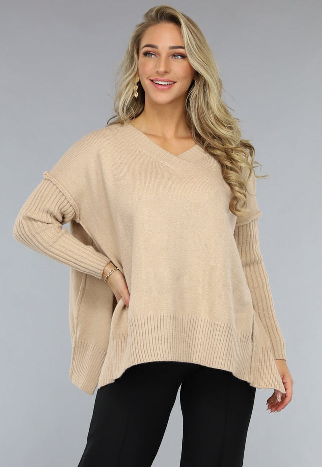 SALE50 Lichtbruine Trui met V Hals