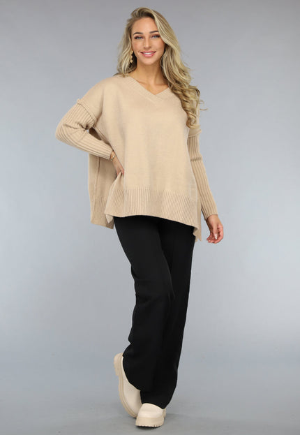 SALE50 Lichtbruine Trui met V Hals