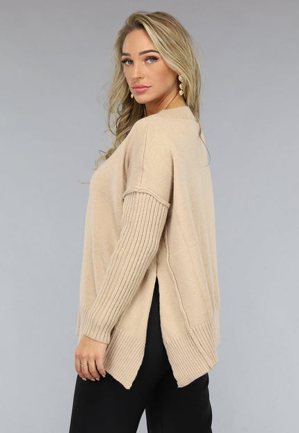 SALE50 Lichtbruine Trui met V Hals