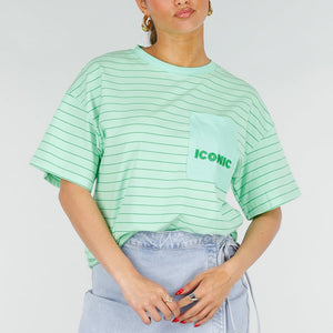 SALE50 Mintgroen Gestreept T-shirt met Opdruk