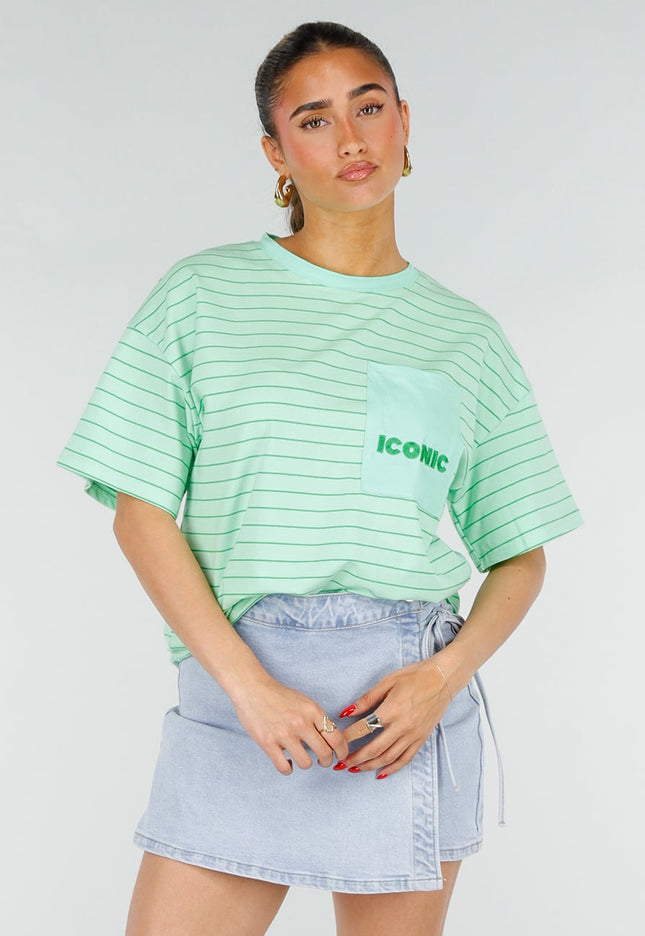 SALE50 Mintgroen Gestreept T-shirt met Opdruk