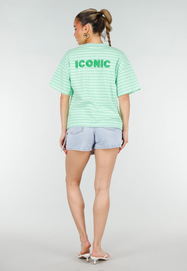 SALE50 Mintgroen Gestreept T-shirt met Opdruk