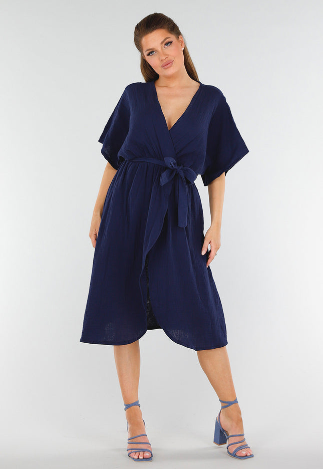 SALE50 Navy Linnenlook Overslagjurk
