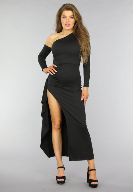 SALE50 One Shoulder Split Jurk met Ruffles