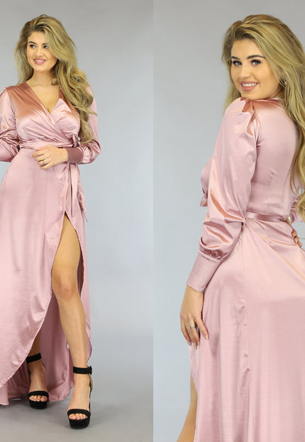 SALE50 Oudroze Satin Wikkel Avondjurk