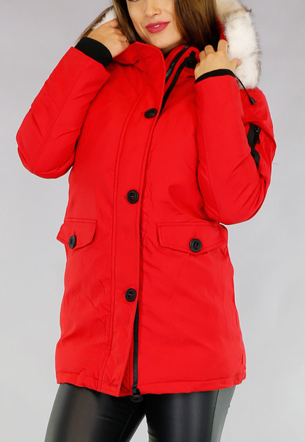 SALE50 Rode Gewatteerde Parka met Beige Imitatiebont
