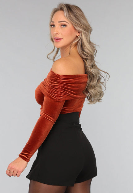 SALE50 Roestbruine Fluwelen Top met Blote Schouders
