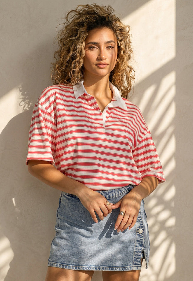 SALE50 Roze Gestreepte Polo T-shirt met Kraag