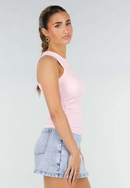 SALE50 Roze Rib Tanktop met Gele Tekst