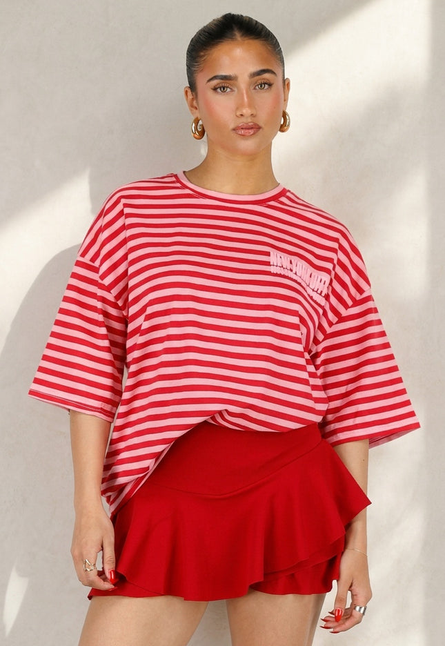 SALE50 Roze Rode Gestreepte Oversized T-shirt