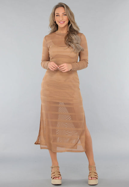 SALE50 Taupe Jurk met Knit Look en Onderjurk