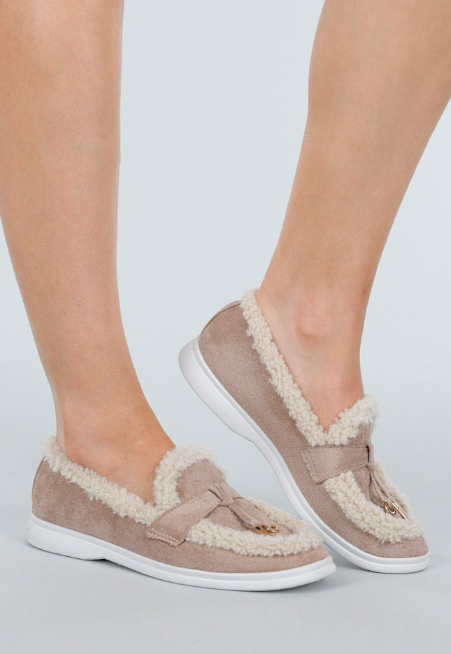 SALE50 Taupe Loafers met Bont