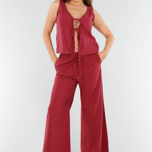 SALE50 Wijnrode Linnenlook 2-Piece met Strik