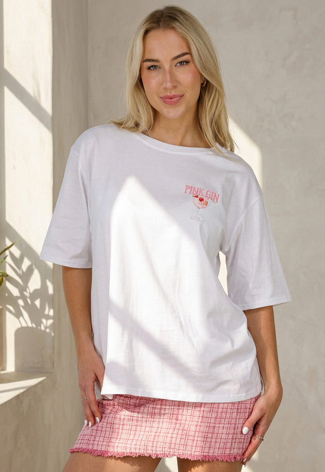 SALE50 Wit Katoenen T-shirt met Pink Gin Print