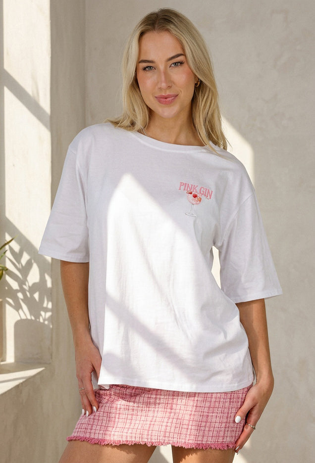SALE50 Wit Katoenen T-shirt met Pink Gin Print
