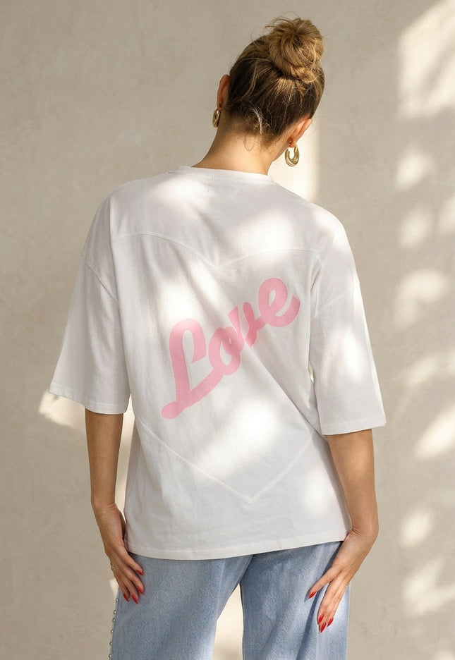 SALE50 Wit Katoenen T-shirt met Roze Tekstprint