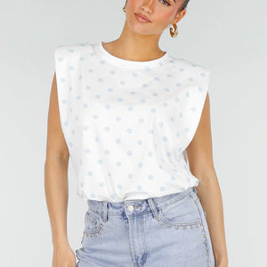 SALE50 Witte Top met Lichtblauwe Stippen