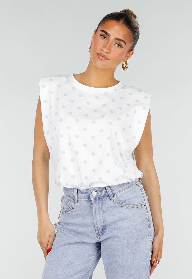 SALE50 Witte Top met Lichtblauwe Stippen
