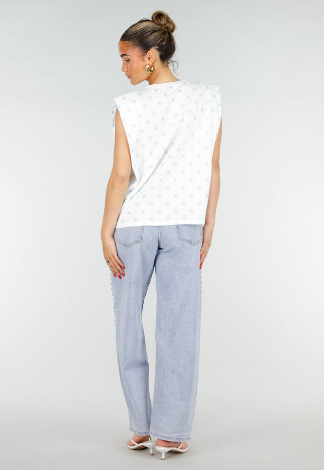 SALE50 Witte Top met Lichtblauwe Stippen
