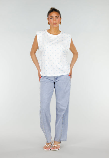 SALE50 Witte Top met Lichtblauwe Stippen