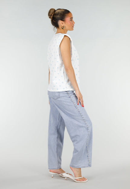 SALE50 Witte Top met Lichtblauwe Stippen