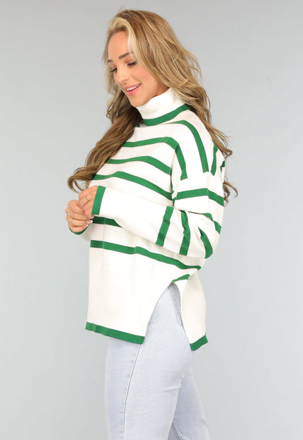 SALE50 Witte Turtleneck met Groene Strepen