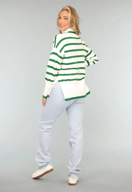 SALE50 Witte Turtleneck met Groene Strepen