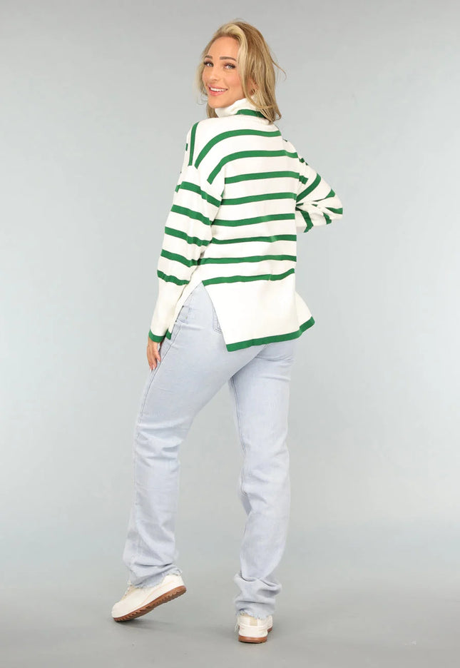 SALE50 Witte Turtleneck met Groene Strepen