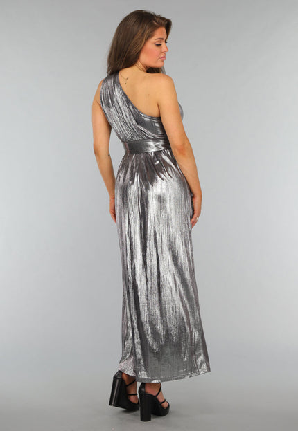 SALE50 Zilveren Metallic One Shoulder Galajurk met Riem