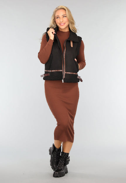 SALE50 Zwart Teddy Gilet met Gesp Details