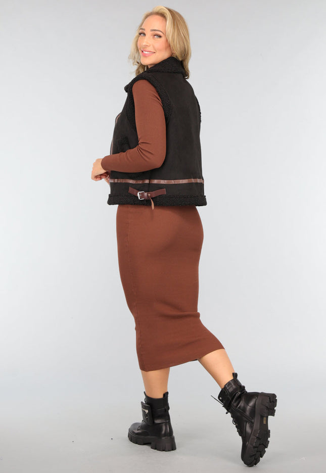SALE50 Zwart Teddy Gilet met Gesp Details