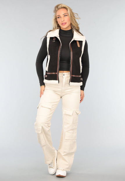 SALE50 Zwarte Bodywarmer met Beige Teddy Voering