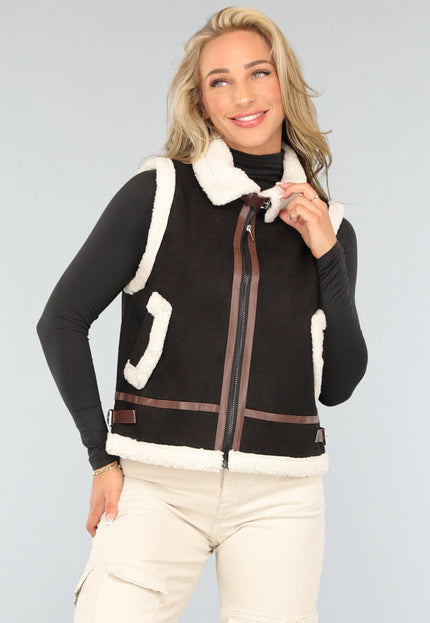 SALE50 Zwarte Bodywarmer met Beige Teddy Voering