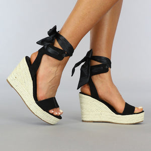 SALE50 Zwarte Boho Sleehak Sandaletten met Strikdetail