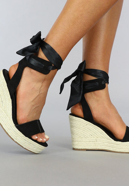 SALE50 Zwarte Boho Sleehak Sandaletten met Strikdetail