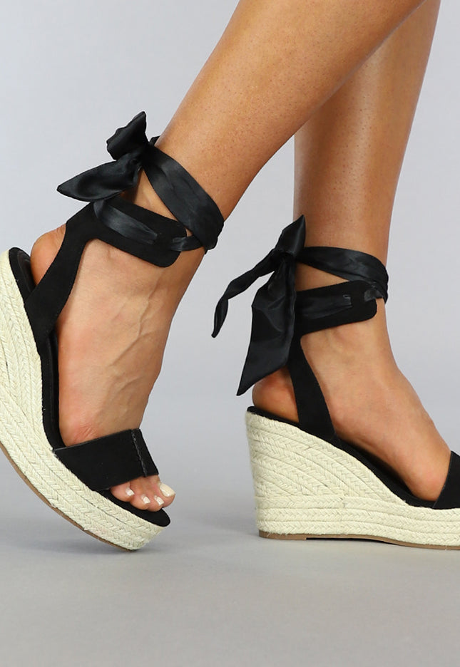 SALE50 Zwarte Boho Sleehak Sandaletten met Strikdetail