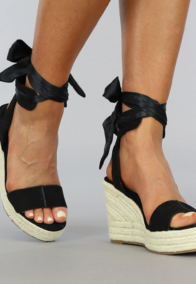 SALE50 Zwarte Boho Sleehak Sandaletten met Strikdetail